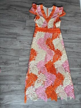 Adelyn Rae Crochet Lace Midi Dress XS Floral Orange Pink
Boho V-Neck